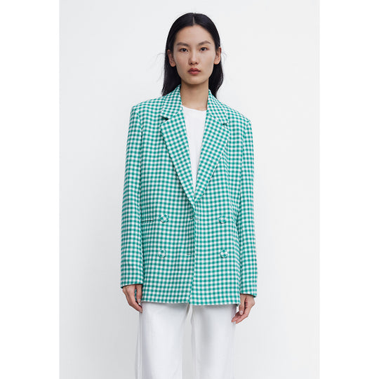 체크무늬 더블 브레스트 블레이저