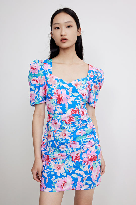 퍼프 소매 V넥 드레스