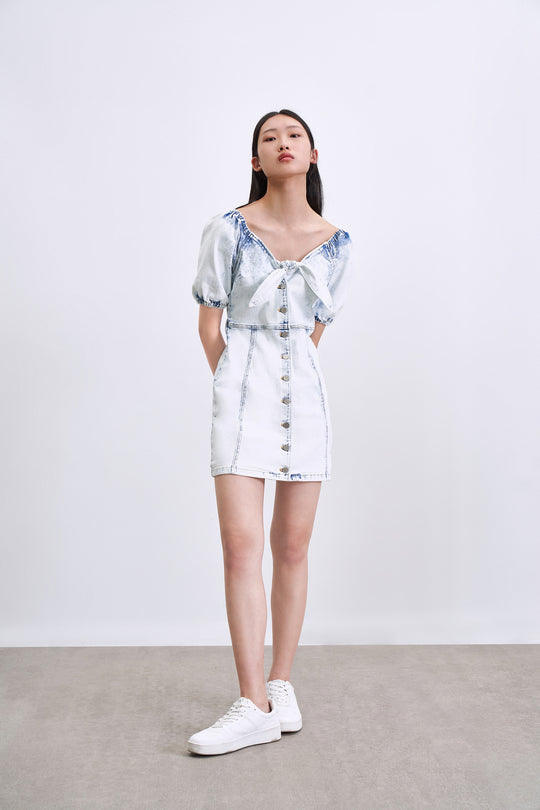 퍼프 소매 V넥 데님 드레스