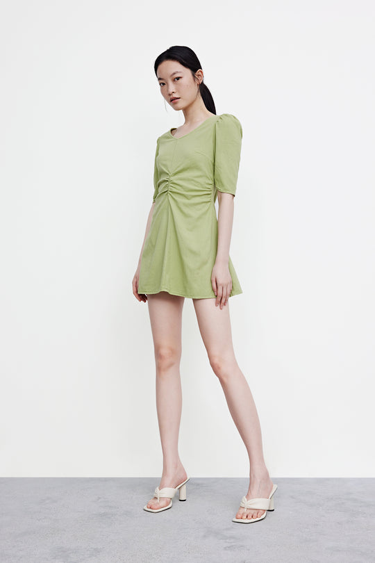 퍼프 소매 스퀘어 카라 데님 드레스