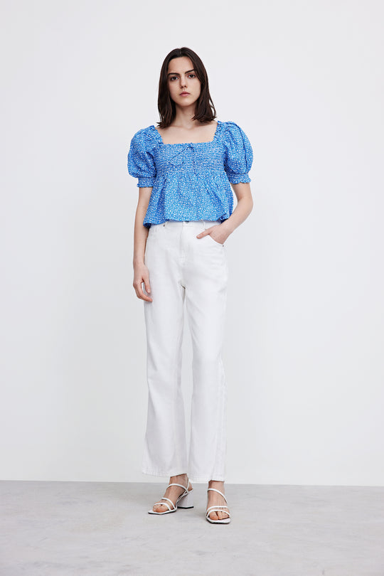 퍼프 소매 스퀘어 카라 블라우스