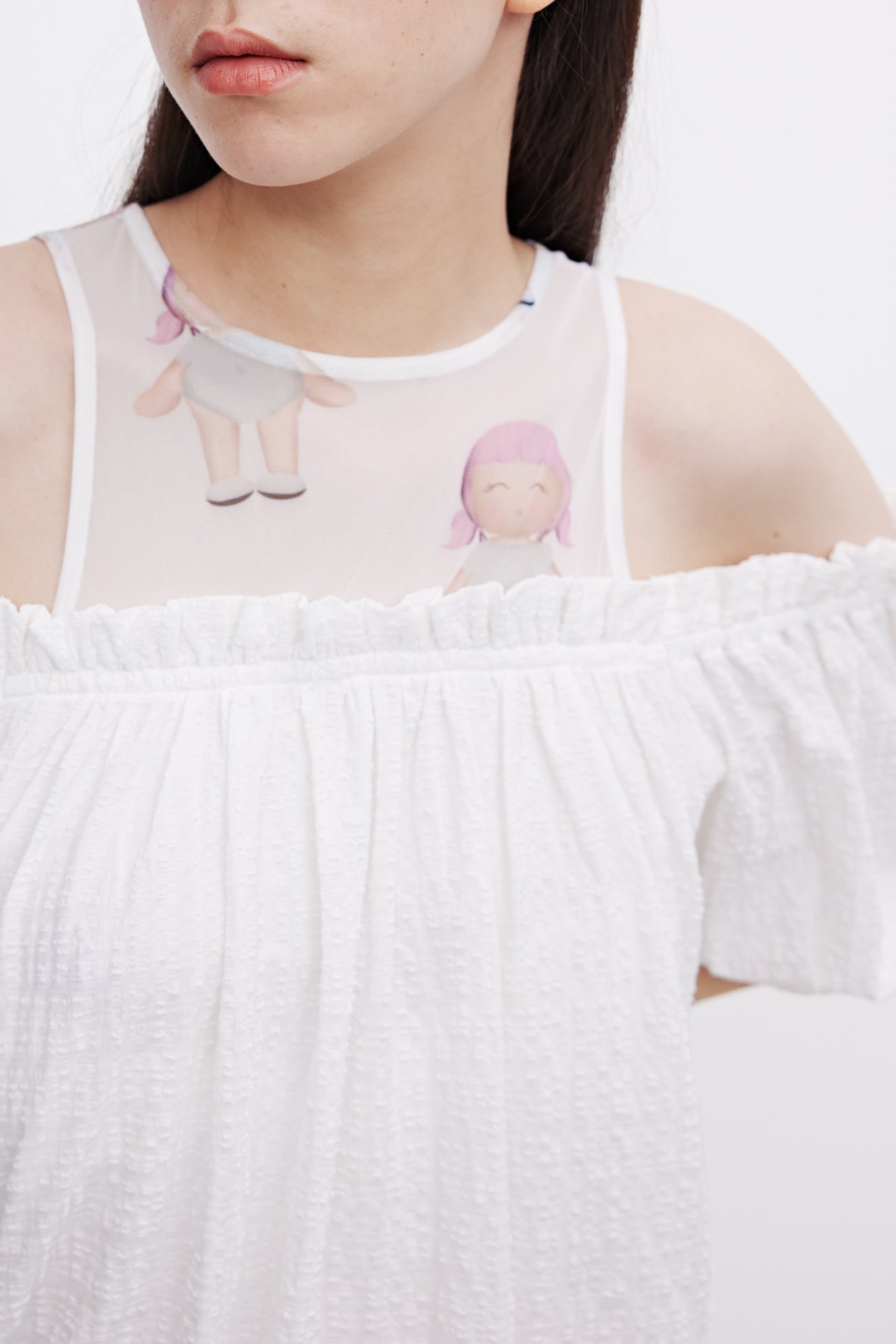 퍼프 소매 크루넥 스트레이트 드레스