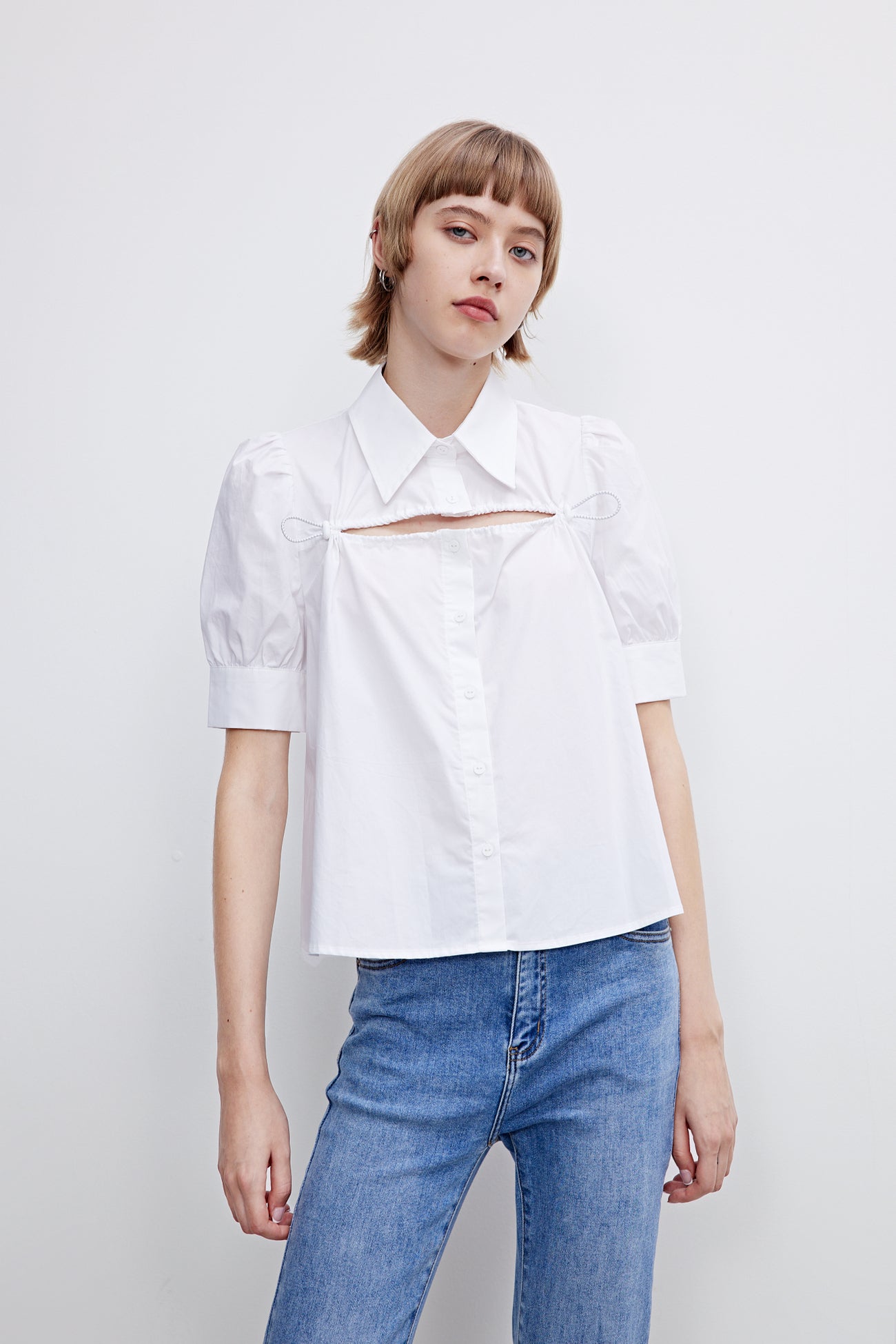 퍼프 소매 셔츠 카라 셔츠