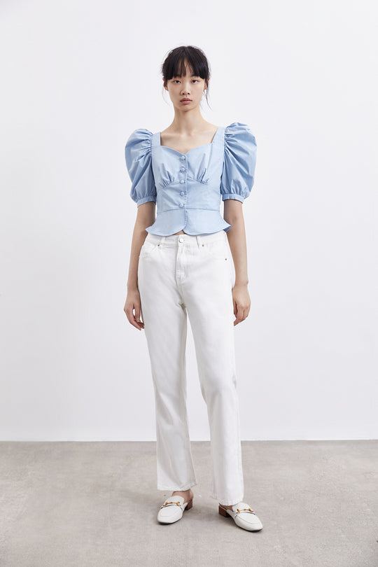 퍼프 소매 스퀘어 카라 셔츠