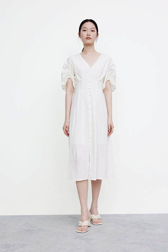 퍼프 소매 V넥 롱 드레스