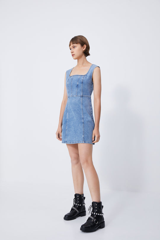 슬리브리스 U넥 데님 드레스