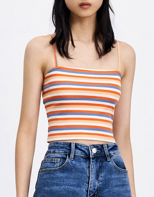 스트라이프 니트 크롭 캐미 탑