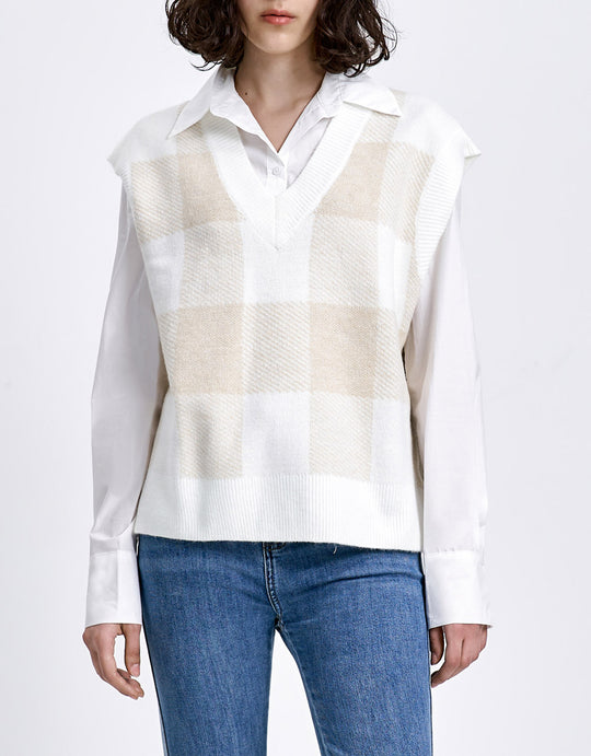 격자 무늬 스웨터 조끼