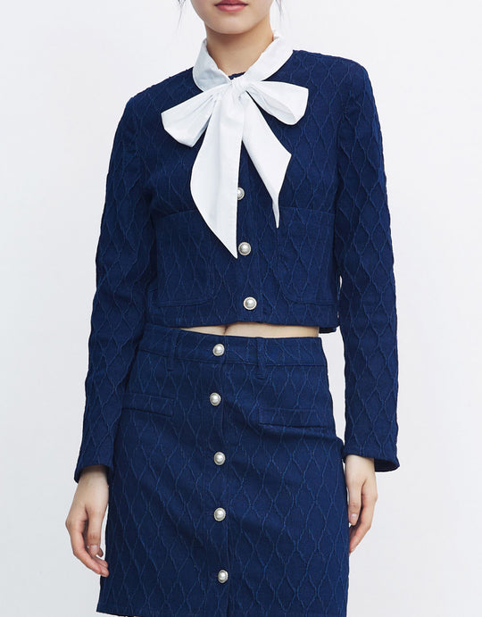 보우 텍스처 인조 진주 버튼 데님 자켓