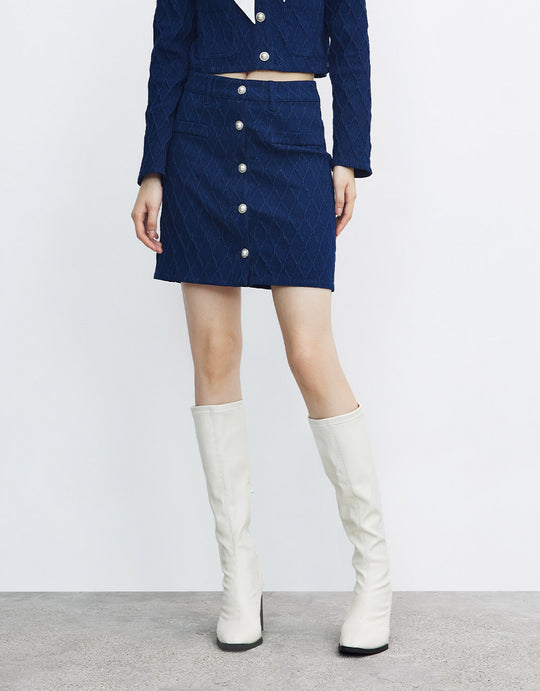 인조 진주 버튼 데님 스커트