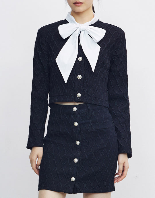 보우 텍스처 인조 진주 버튼 데님 자켓