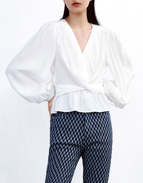 트위스트 프론트 랜턴 슬리브 블라우스
