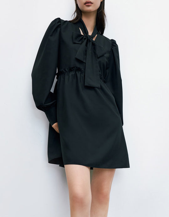 앞리본 포인트 퍼프 슬리브 드레스