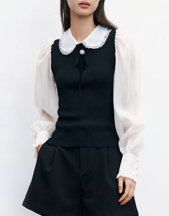 페이크 투피스 인형 칼라 퍼프 슬리브 니트 탑