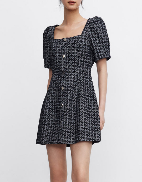 올오버 프린트 버튼업 데님 드레스