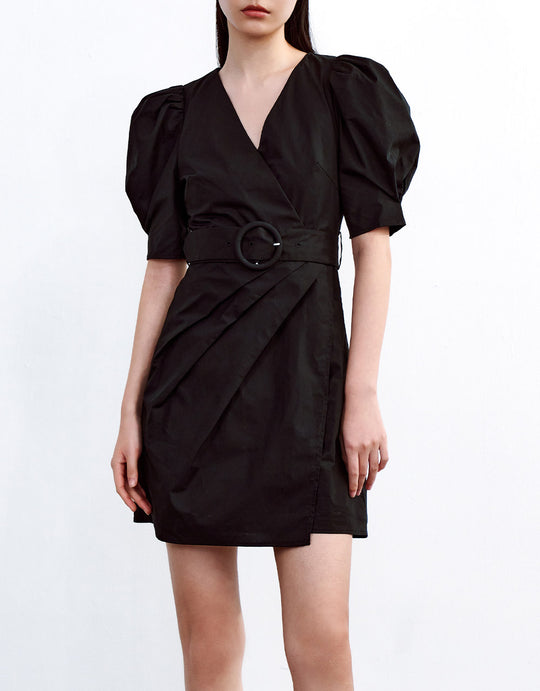 퍼프 소매 V넥 벨트 드레스