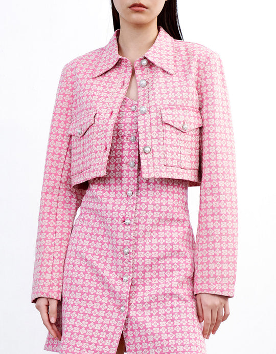 플로럴 패턴 인조 진주 버튼 데님 재킷