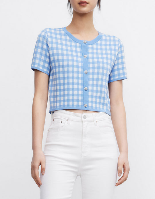 체크 무늬 진주 버튼 니트 탑