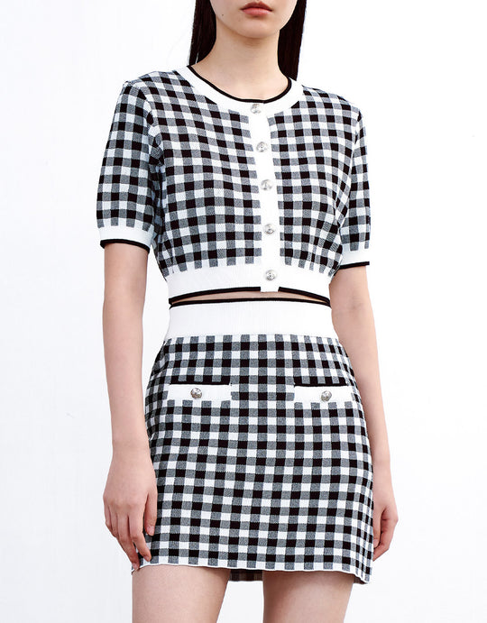 체크무늬 반팔 버튼업 니트 탑