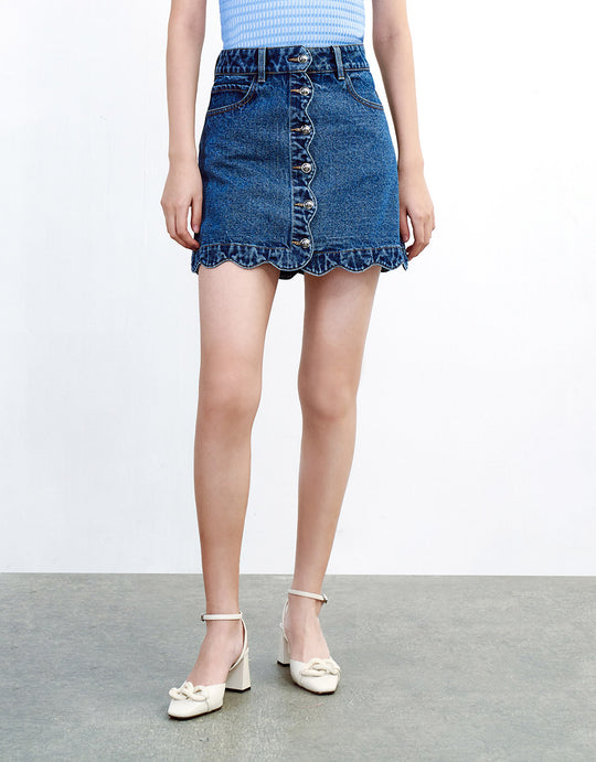 웨이브 트리밍 버튼 프런트 데님 스커트