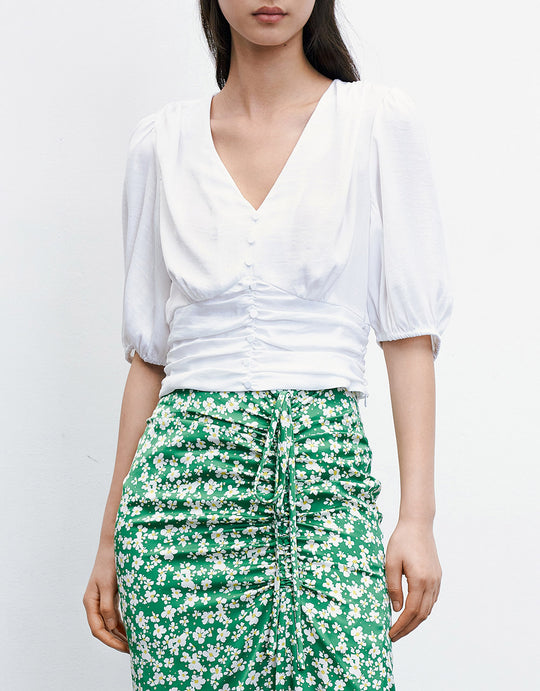 V넥 주름 식식 블라우스