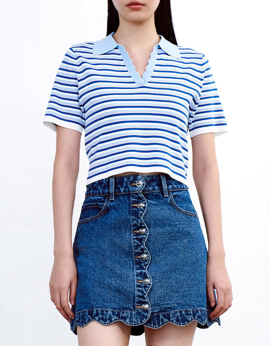 스트라이프 라펠 니트 티셔츠