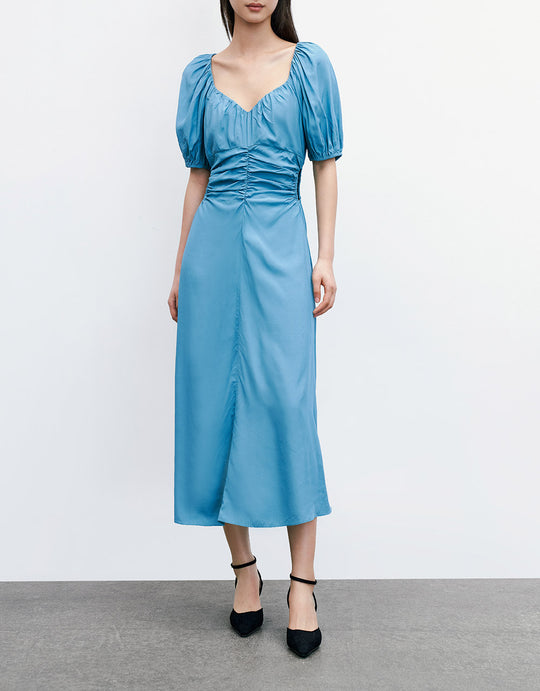 플레인 퍼프 슬리브 플리츠 식식 롱 드레스