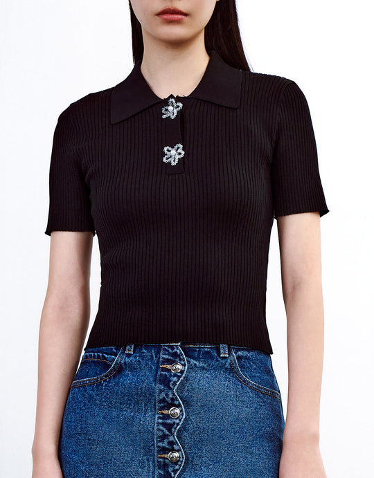 플로럴 디테일 골지 니트 스키니 티셔츠