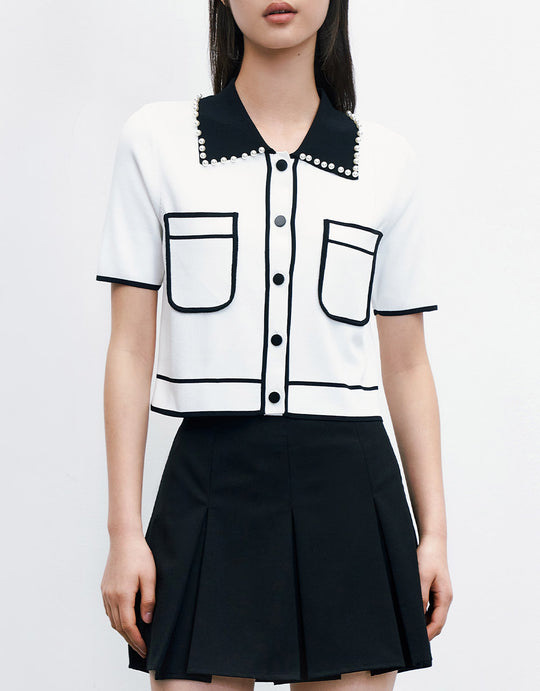 콘트라스트 트림 패치 포켓 반팔 가디건