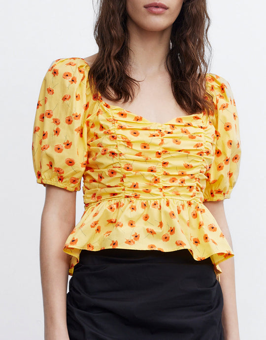플라워 퍼프 소매 블라우스