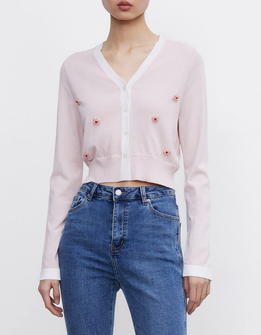 플로럴 포인트 V넥 가디건