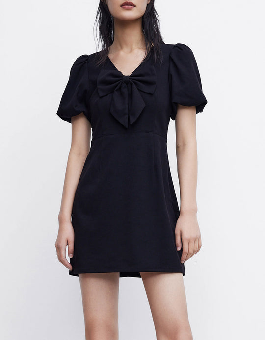 앞리본 V넥 데님 드레스