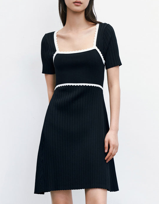 콘트라스트 트리밍 골지 니트 드레스