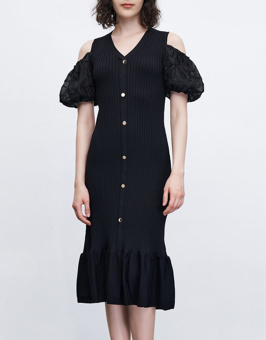 오프 숄더 V넥 니트 드레스