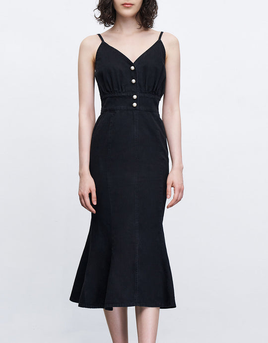 슬리브리스 V넥 데님 드레스