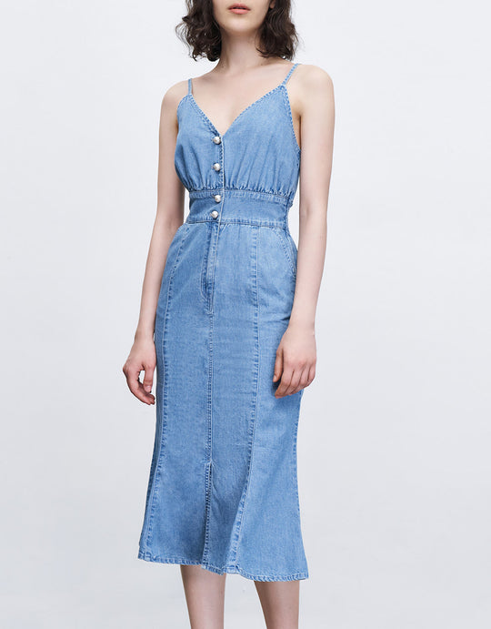 슬리브리스 V넥 데님 드레스