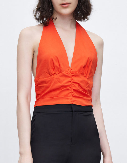 플런지 넥 슬리브리스 크롭 탑