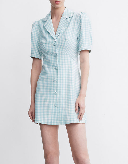 체크 무늬 퍼프 슬리브 드레스