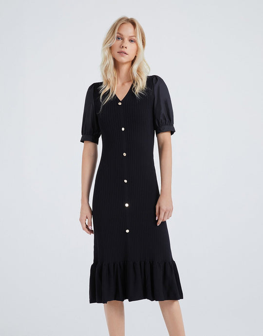 퍼프 소매 V넥 니트 드레스