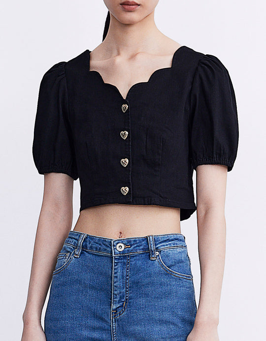 스캘럽 트리밍 퍼프 슬리브 데님 블라우스