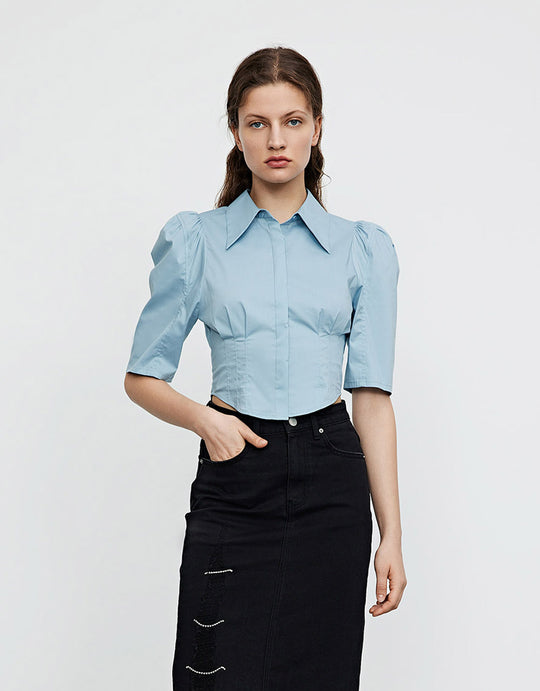 퍼프 소매 셔츠 카라 셔츠