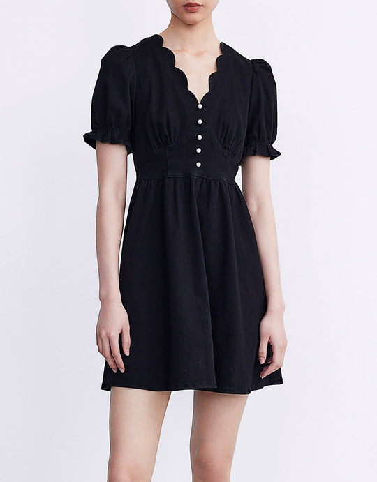 스캘럽 트리밍 퍼프 슬리브 데님 드레스