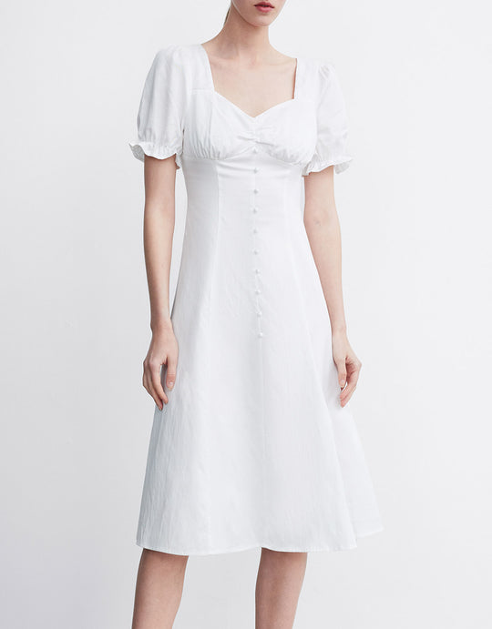 퍼프 슬리브 데님 미디 드레스