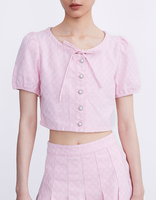 크루넥 퍼프 슬리브 데님 셔츠