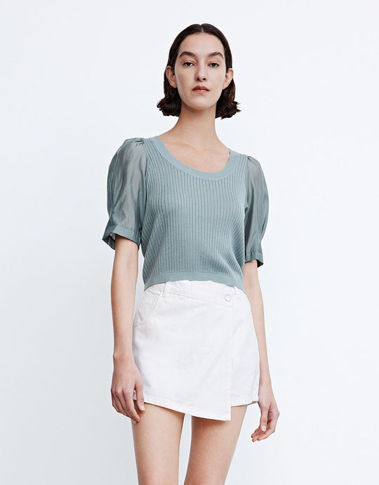 퍼프 소매 크루넥 니트 티셔츠