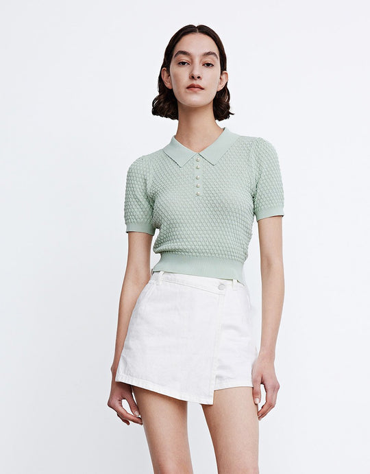 퍼프 소매 폴로 니트 티셔츠