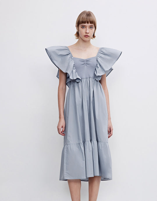 소매 프릴 스퀘어 카라 니트 드레스