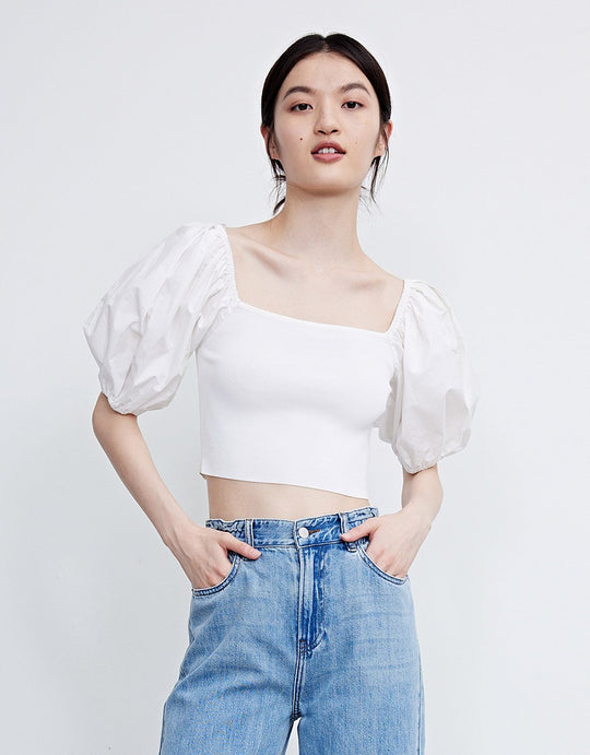 소매 프릴 스퀘어 카라 니트 티셔츠