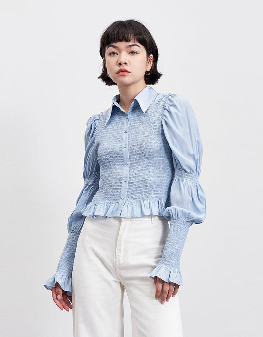 소매 프릴 셔츠 카라 셔츠