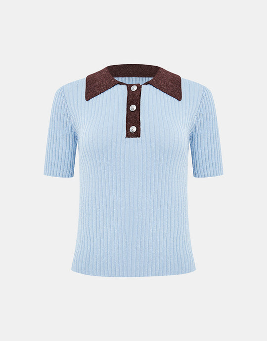 하프 버튼 플래킷 골지 니트 티셔츠